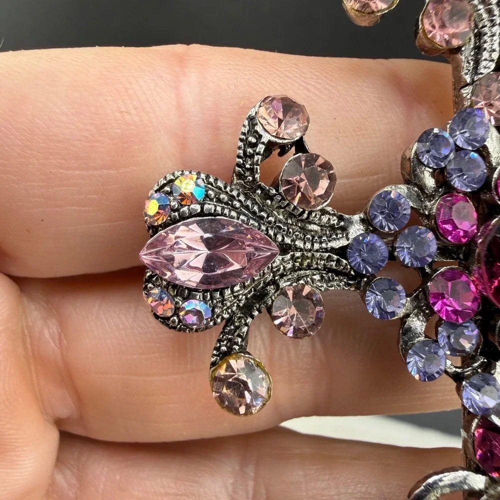 Rhinestone Cross Brooch Silver Tone Purple Pink Pendant Bale